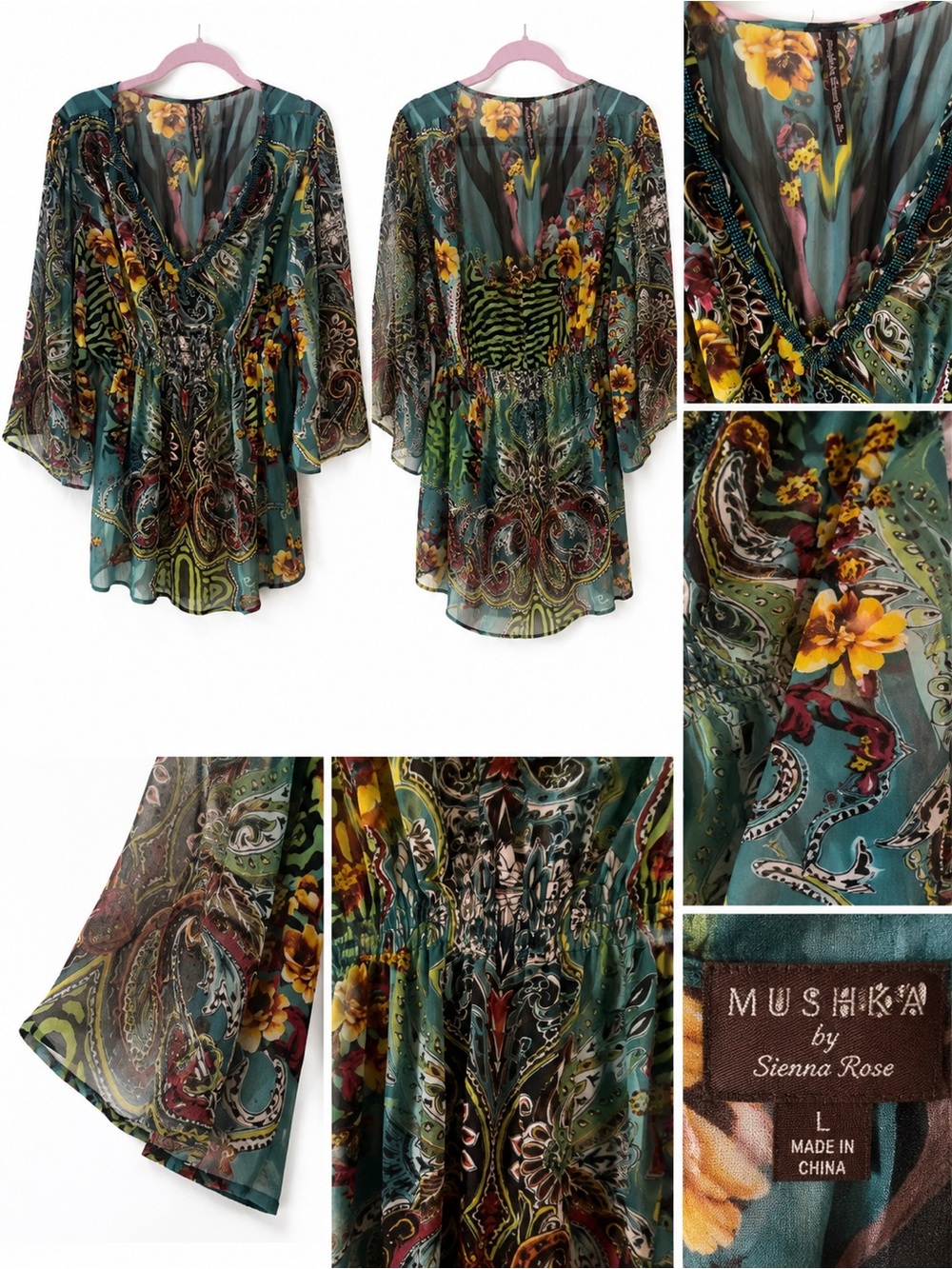 Mushka by Sienna Rose Sheer Boho Tunic Top | Paisley Floral | Size Large